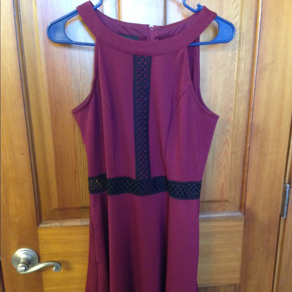 Maroon and black dress with see through belt
